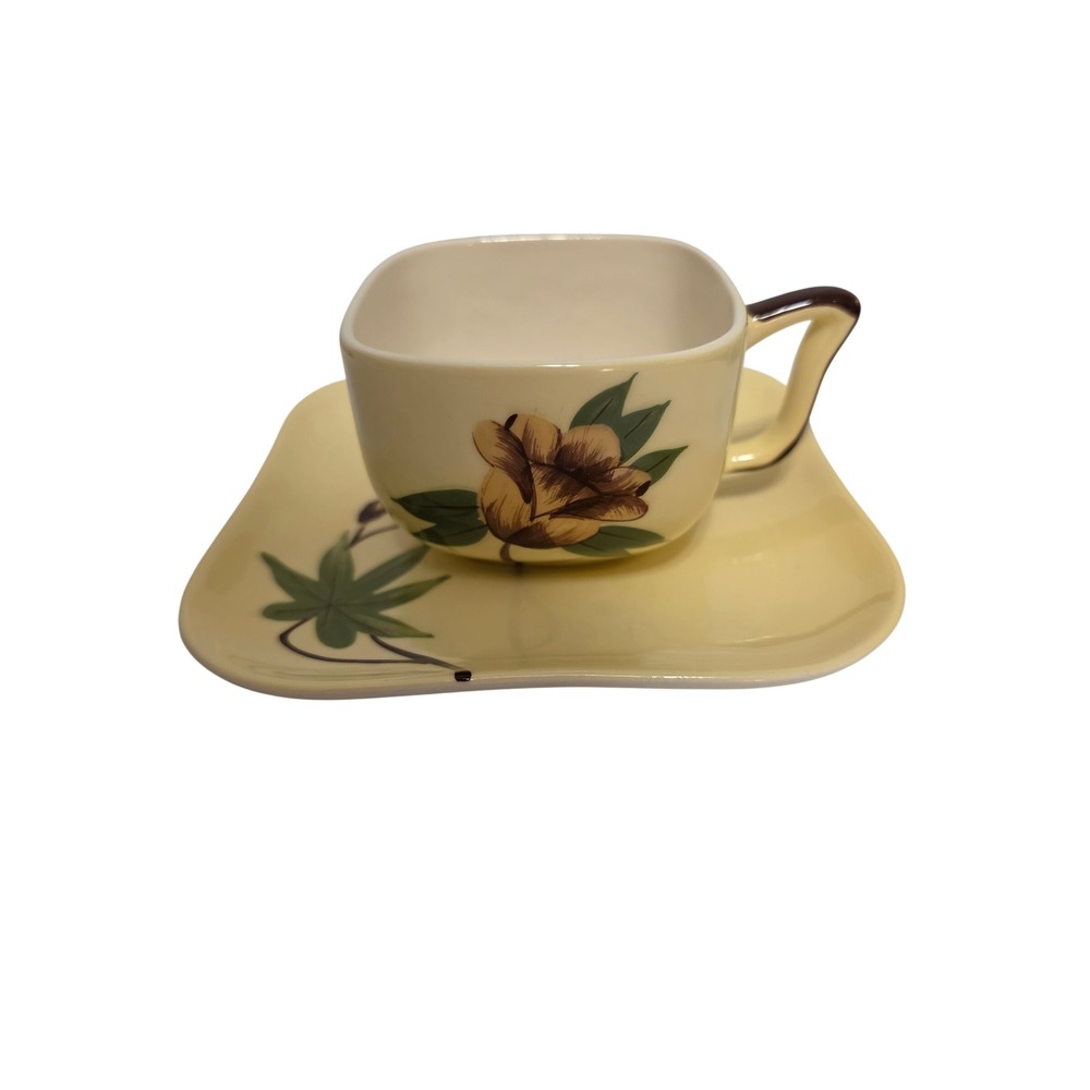Vintage Weil Ware California Pottery Tea Cup and Saucer Set Floral Yellow 164836